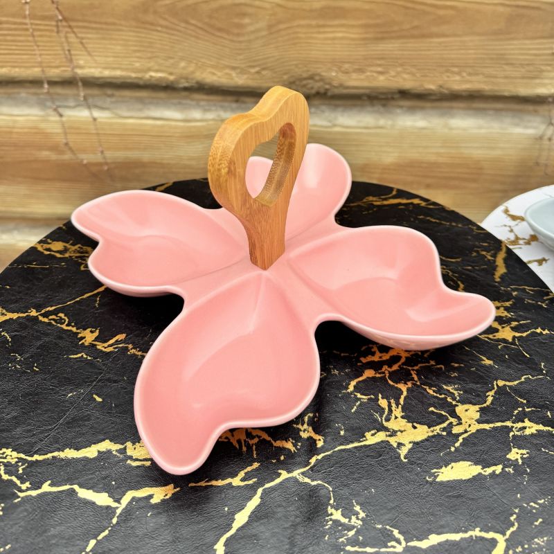 Менажница с деревянной ручкой розовая 20*20*15см "Butterfly" YG01106